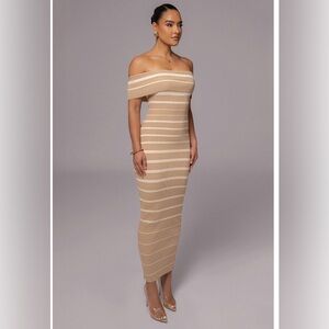 JLUXLABEL Off-Shoulder Striped Beige Maxi Dress